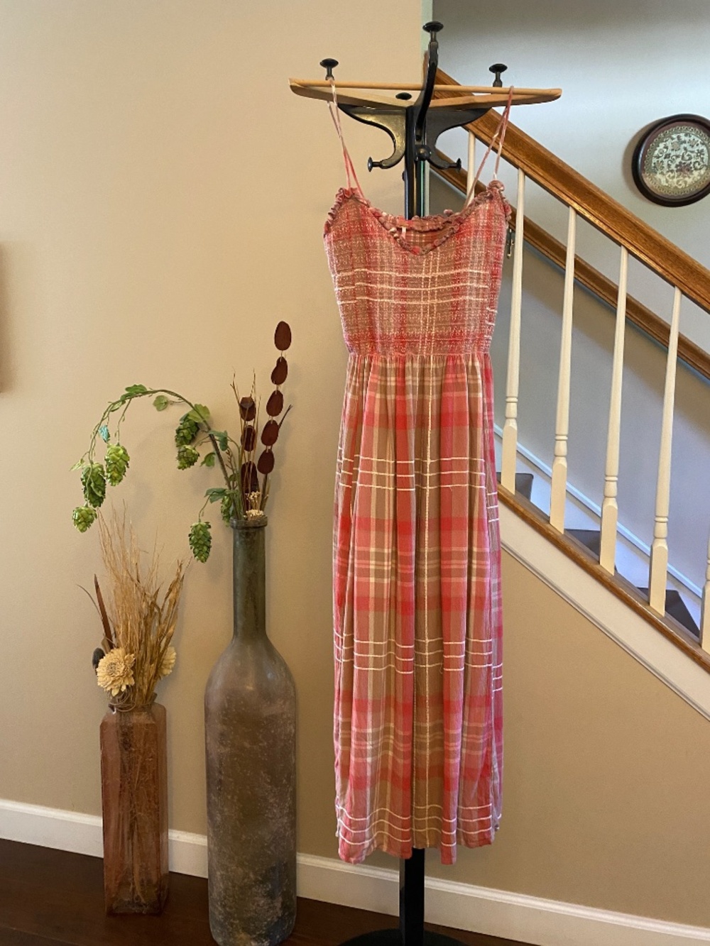 Free People Sweet Nothings Plaid Midi Dress Smocked Flowy Size Small - Picture 4 of 16